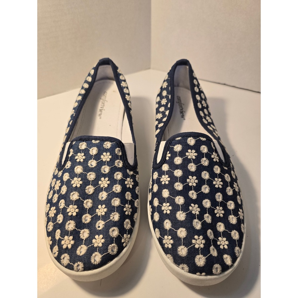 Comfortview Athletic Dottie Slip On Sneakers Blue White Daisy Women‎ Size 12M